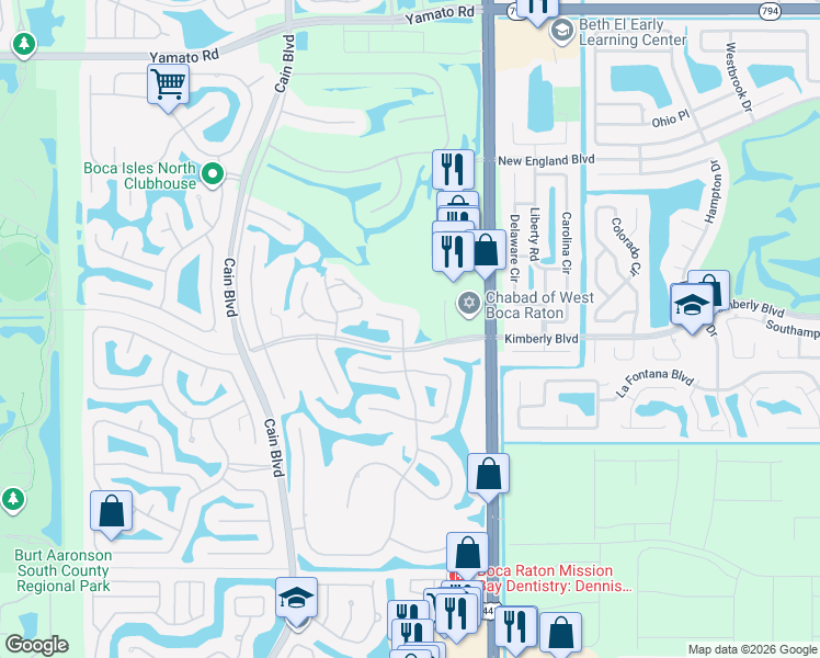 map of restaurants, bars, coffee shops, grocery stores, and more near 19641 Back 9 Drive in Boca Raton
