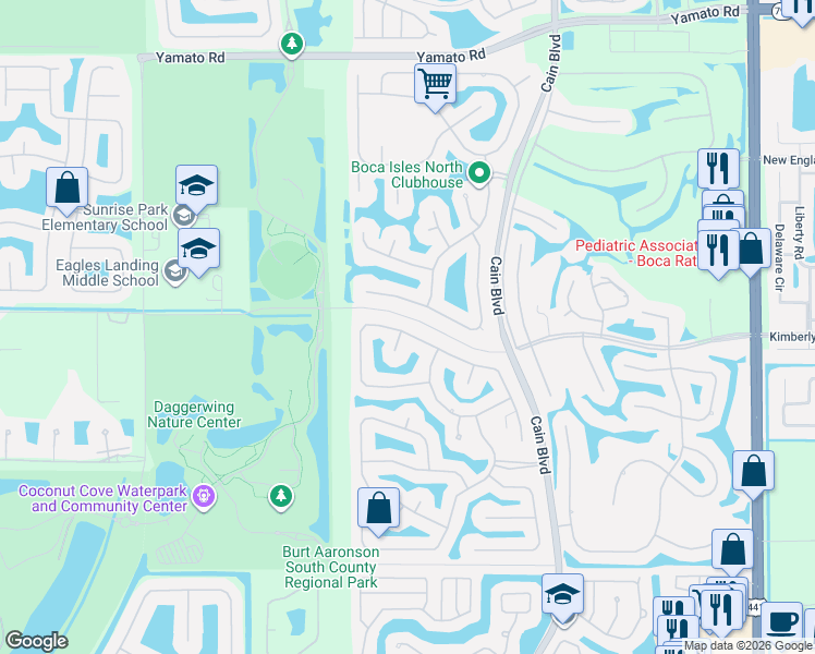 map of restaurants, bars, coffee shops, grocery stores, and more near 19650 Black Olive Lane in Boca Raton