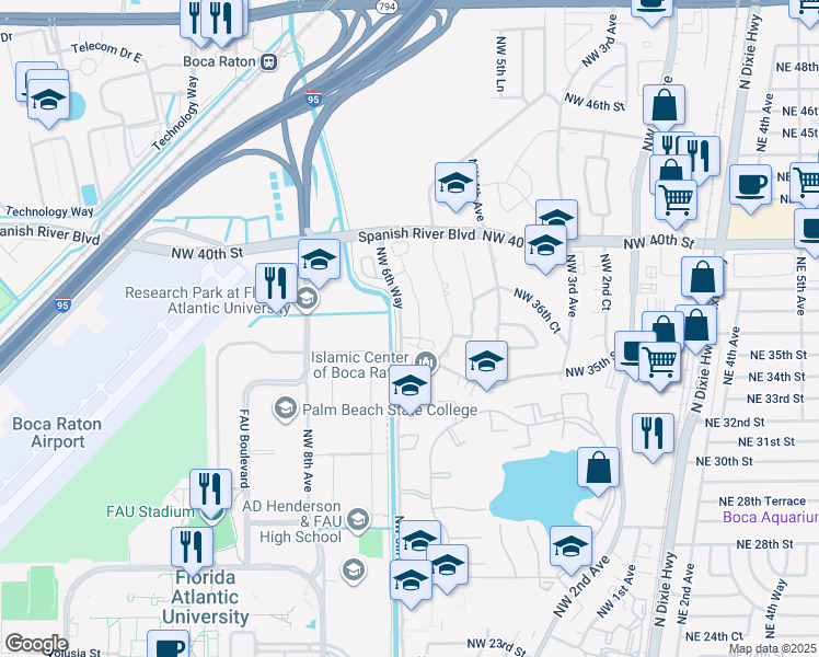 map of restaurants, bars, coffee shops, grocery stores, and more near 3617 Northwest 5th Terrace in Boca Raton