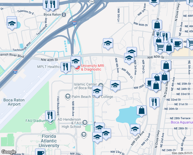 map of restaurants, bars, coffee shops, grocery stores, and more near 3619 Northwest 5th Terrace in Boca Raton