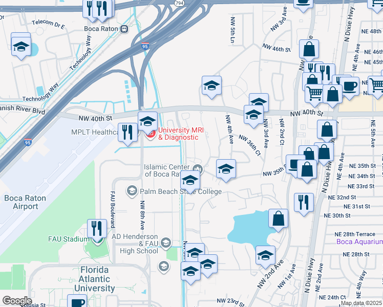 map of restaurants, bars, coffee shops, grocery stores, and more near 3613 Northwest 5th Terrace in Boca Raton