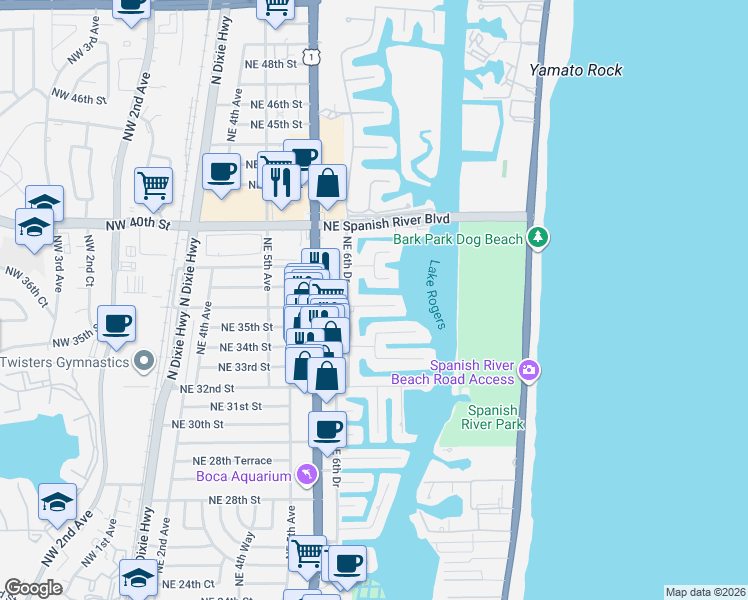map of restaurants, bars, coffee shops, grocery stores, and more near 3650 Northeast 6th Drive in Boca Raton