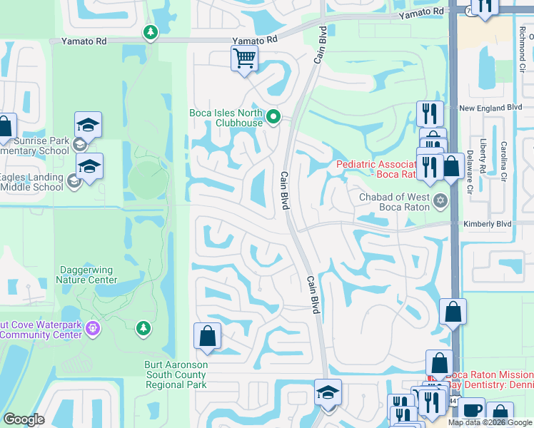 map of restaurants, bars, coffee shops, grocery stores, and more near 19595 Black Olive Lane in Boca Raton