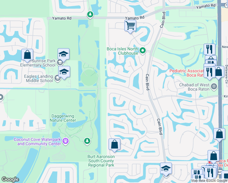 map of restaurants, bars, coffee shops, grocery stores, and more near 19706 Dinner Key Drive in Boca Raton