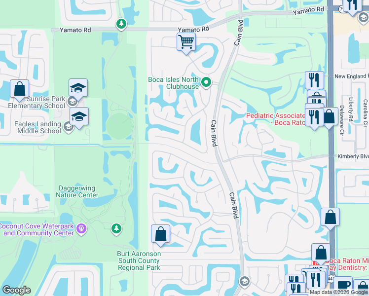 map of restaurants, bars, coffee shops, grocery stores, and more near 19650 Black Olive Lane in Boca Raton