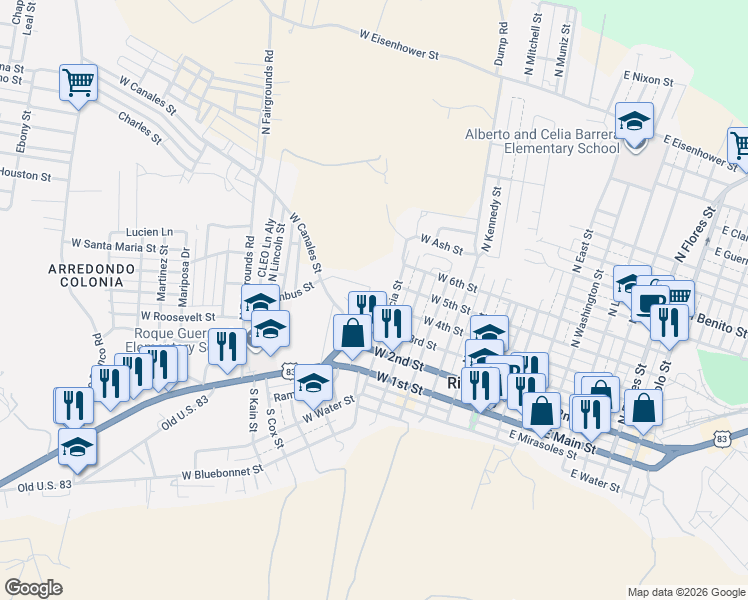 map of restaurants, bars, coffee shops, grocery stores, and more near 406 North Garcia Street in Rio Grande City