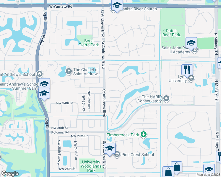 map of restaurants, bars, coffee shops, grocery stores, and more near 2425 Northwest 36th Street in Boca Raton