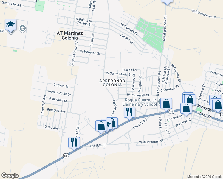 map of restaurants, bars, coffee shops, grocery stores, and more near 339 North Charco Blanco Road in Rio Grande City