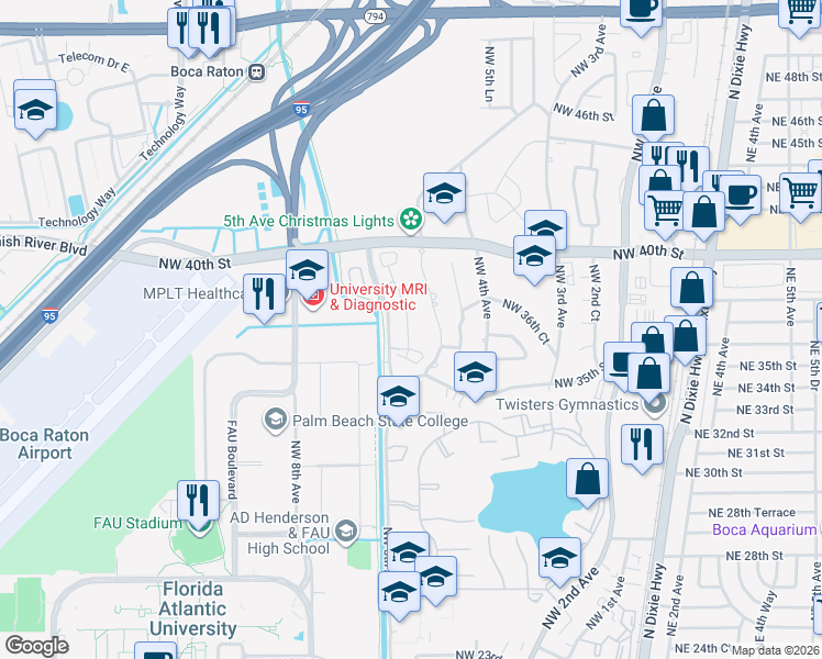 map of restaurants, bars, coffee shops, grocery stores, and more near 3636 Northwest 5th Terrace in Boca Raton