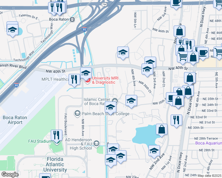 map of restaurants, bars, coffee shops, grocery stores, and more near 3639 Northwest 5th Terrace in Boca Raton