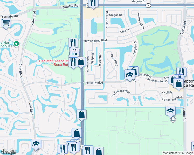 map of restaurants, bars, coffee shops, grocery stores, and more near 19658 Carolina Circle in Boca Raton