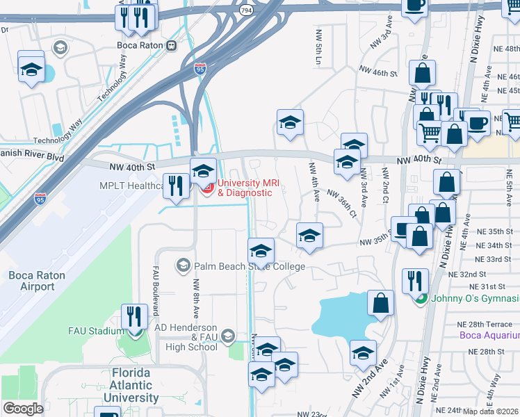 map of restaurants, bars, coffee shops, grocery stores, and more near 3637 Northwest 5th Terrace in Boca Raton