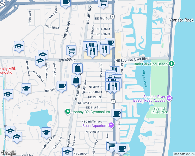 map of restaurants, bars, coffee shops, grocery stores, and more near 480 Northeast 37th Street in Boca Raton