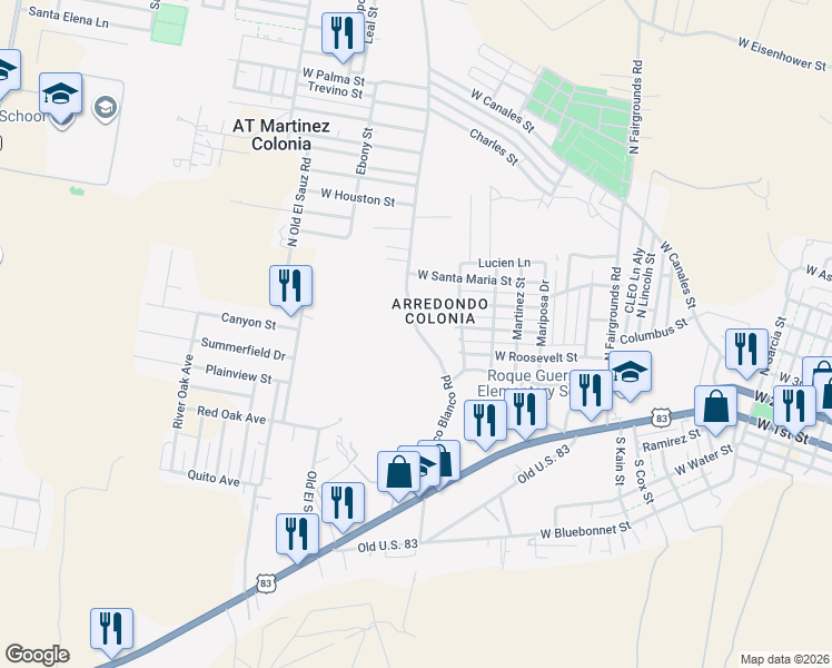 map of restaurants, bars, coffee shops, grocery stores, and more near 339 North Charco Blanco Road in Rio Grande City