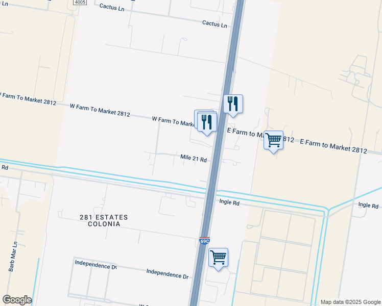 map of restaurants, bars, coffee shops, grocery stores, and more near 207 West Mile 21 Road in Edinburg