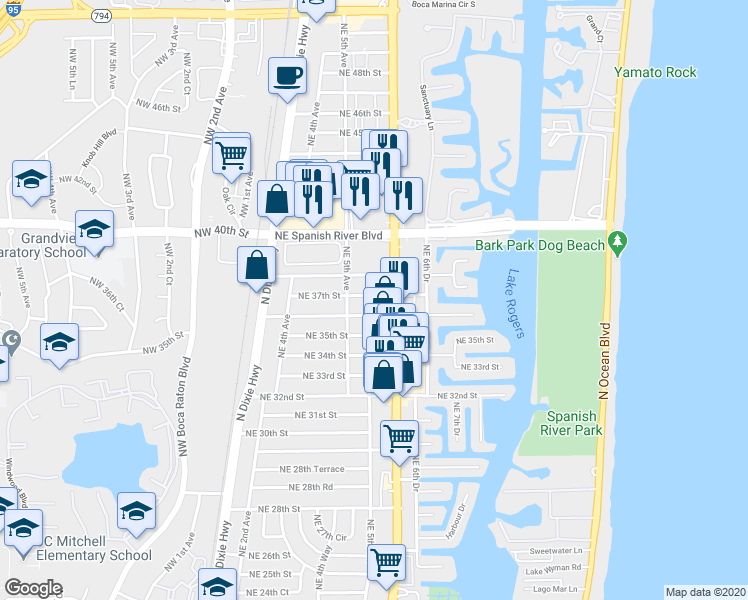 map of restaurants, bars, coffee shops, grocery stores, and more near 3696 Northeast 5th Drive in Boca Raton