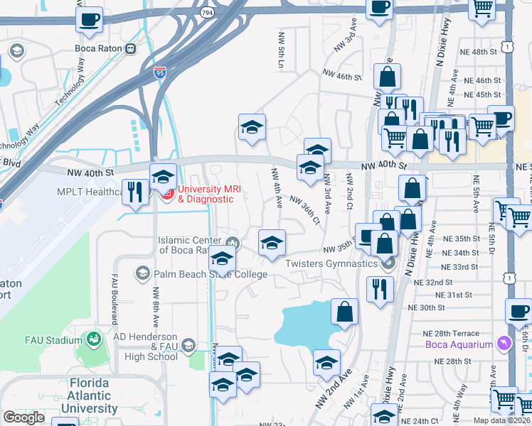 map of restaurants, bars, coffee shops, grocery stores, and more near 3758 Northwest 4th Court in Boca Raton
