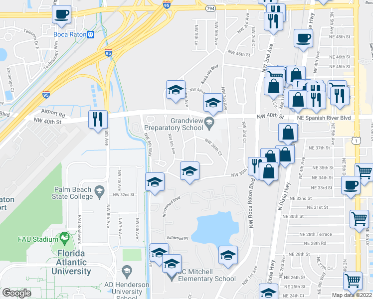 map of restaurants, bars, coffee shops, grocery stores, and more near 3758 Northwest 4th Court in Boca Raton