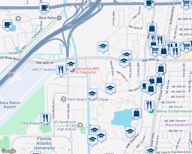 map of restaurants, bars, coffee shops, grocery stores, and more near 3650 Northwest 5th Terrace in Boca Raton