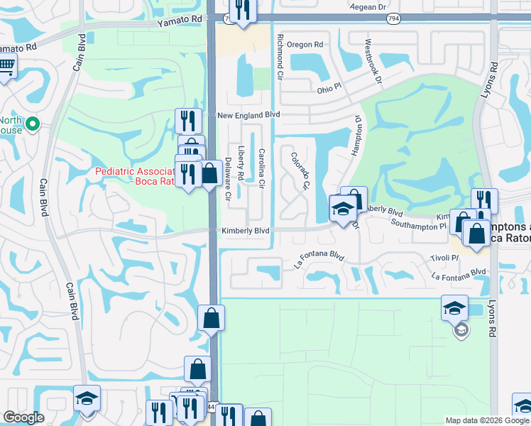map of restaurants, bars, coffee shops, grocery stores, and more near 19658 Carolina Circle in Boca Raton