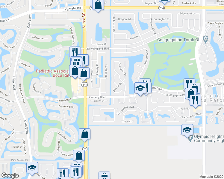 map of restaurants, bars, coffee shops, grocery stores, and more near 9781 Alaska Circle in Boca Raton
