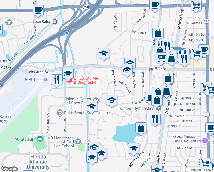map of restaurants, bars, coffee shops, grocery stores, and more near 3758 Northwest 4th Court in Boca Raton
