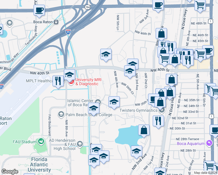 map of restaurants, bars, coffee shops, grocery stores, and more near 3758 Northwest 4th Court in Boca Raton