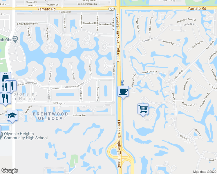 map of restaurants, bars, coffee shops, grocery stores, and more near 574 Fanshaw North in Boca Raton