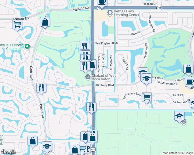 map of restaurants, bars, coffee shops, grocery stores, and more near 19667 Delaware Circle in Boca Raton