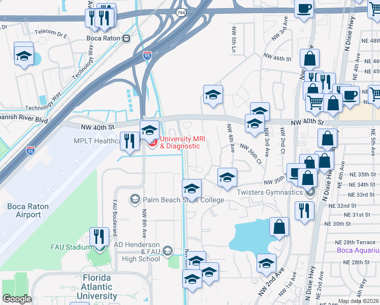 map of restaurants, bars, coffee shops, grocery stores, and more near 3659 Northwest 5th Terrace in Boca Raton