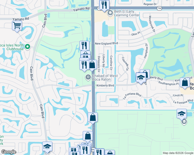 map of restaurants, bars, coffee shops, grocery stores, and more near 19667 Delaware Circle in Boca Raton