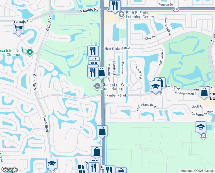 map of restaurants, bars, coffee shops, grocery stores, and more near 19667 Delaware Circle in Boca Raton