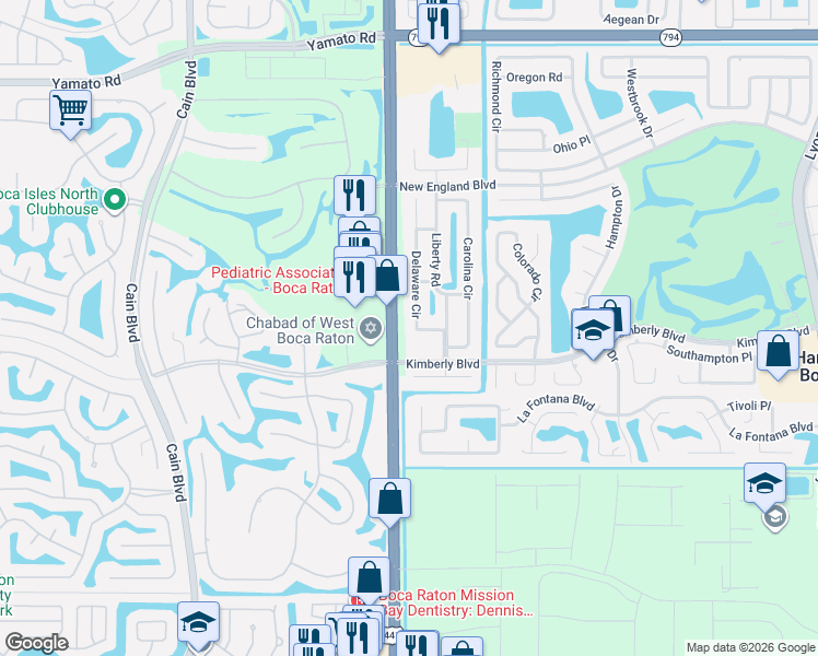 map of restaurants, bars, coffee shops, grocery stores, and more near 19667 Delaware Circle in Boca Raton