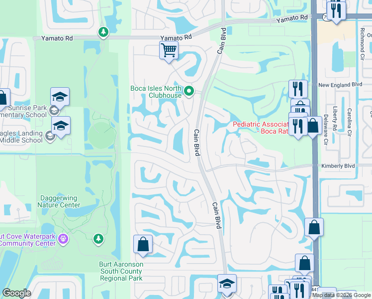map of restaurants, bars, coffee shops, grocery stores, and more near 19595 Black Olive Lane in Boca Raton