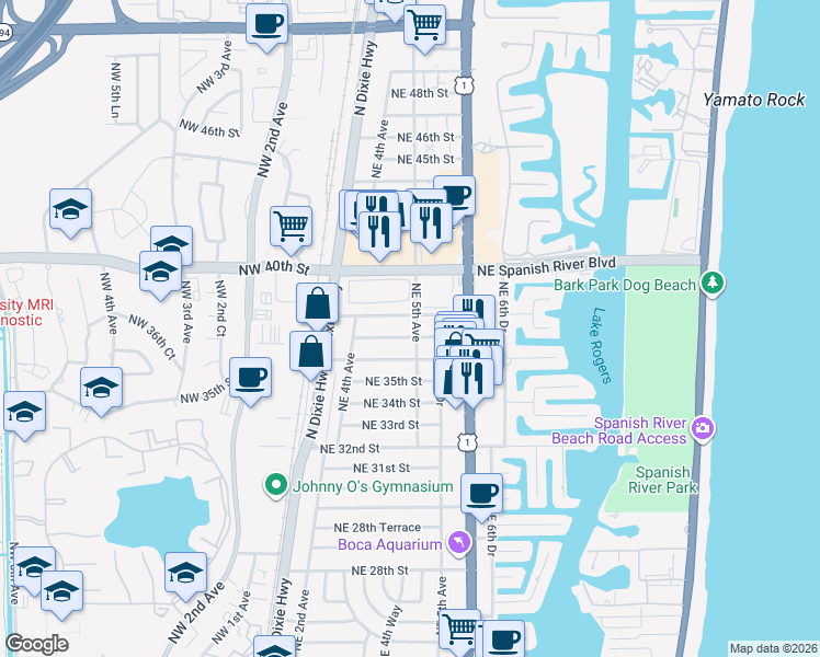 map of restaurants, bars, coffee shops, grocery stores, and more near 480 Northeast 37th Street in Boca Raton