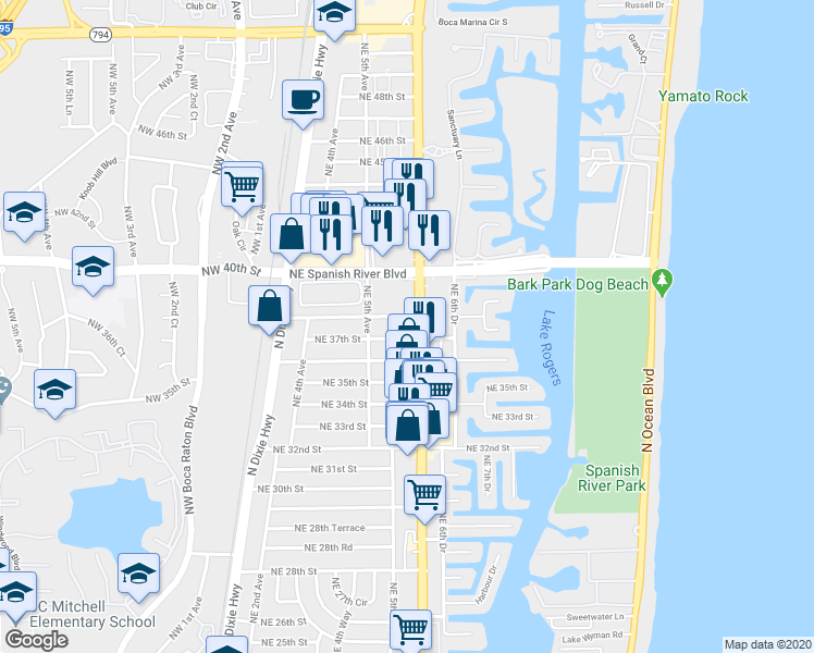 map of restaurants, bars, coffee shops, grocery stores, and more near 3696 Northeast 5th Drive in Boca Raton