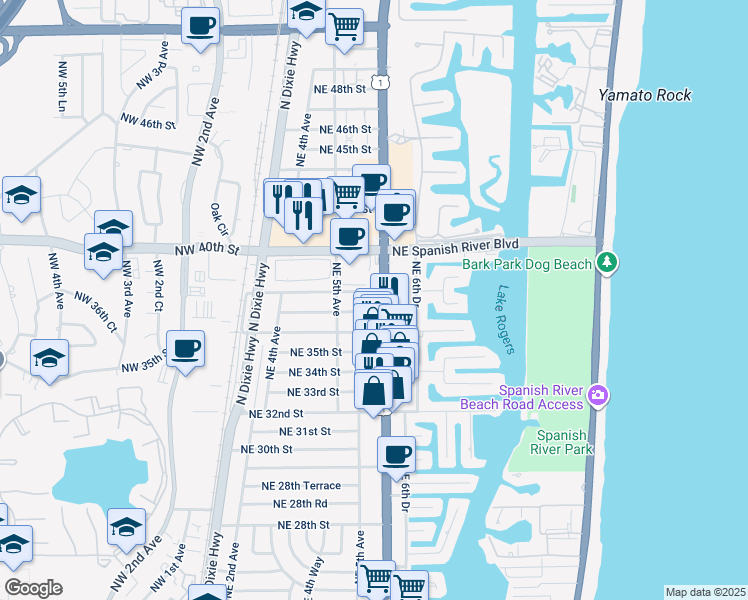 map of restaurants, bars, coffee shops, grocery stores, and more near 3785 North Federal Highway in Boca Raton