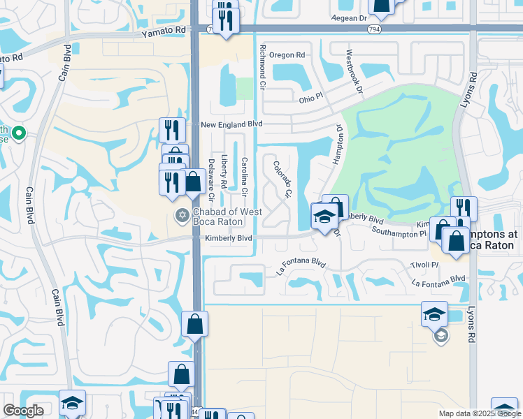 map of restaurants, bars, coffee shops, grocery stores, and more near 19655 Montana Lane in Boca Raton