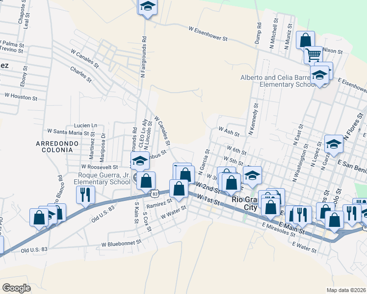 map of restaurants, bars, coffee shops, grocery stores, and more near 615 Seguin Loop in Rio Grande City