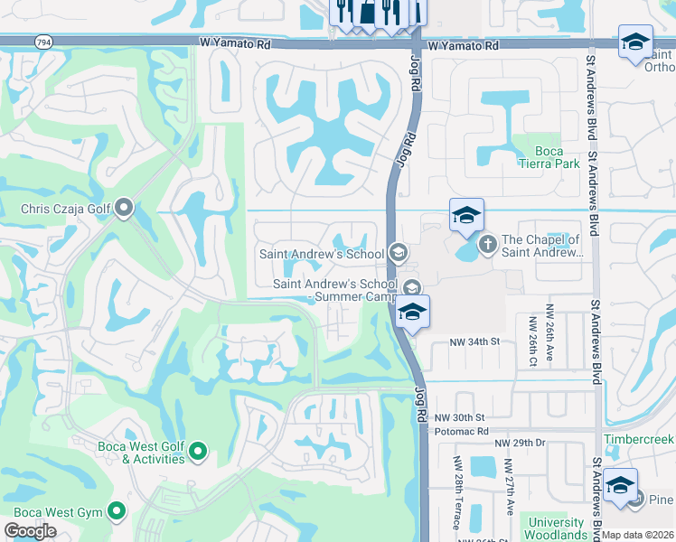 map of restaurants, bars, coffee shops, grocery stores, and more near 3090 Equestrian Drive in Boca Raton