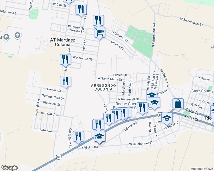 map of restaurants, bars, coffee shops, grocery stores, and more near 518 West Santa Maria Street in Rio Grande City