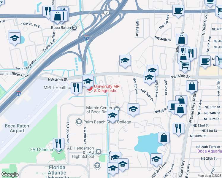 map of restaurants, bars, coffee shops, grocery stores, and more near 3826 Northwest 5th Terrace in Boca Raton