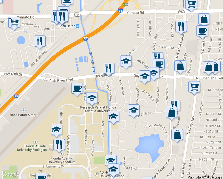 map of restaurants, bars, coffee shops, grocery stores, and more near 3805 Northwest 5th Terrace in Boca Raton