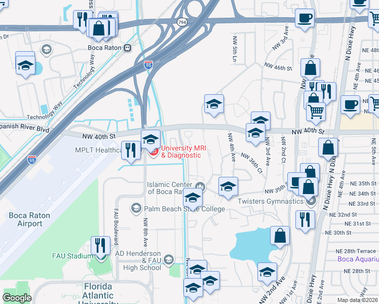 map of restaurants, bars, coffee shops, grocery stores, and more near 3826 Northwest 5th Terrace in Boca Raton