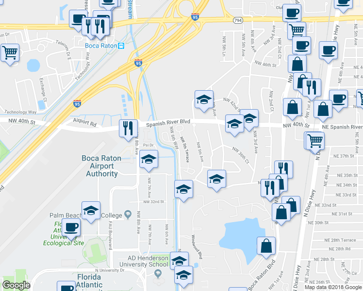map of restaurants, bars, coffee shops, grocery stores, and more near 3826 Northwest 5th Terrace in Boca Raton