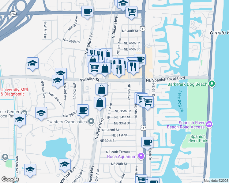 map of restaurants, bars, coffee shops, grocery stores, and more near 401 Northeast 38th Street in Boca Raton