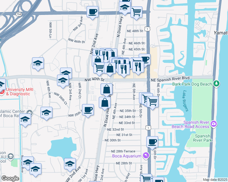 map of restaurants, bars, coffee shops, grocery stores, and more near 309 Northeast 38th Street in Boca Raton