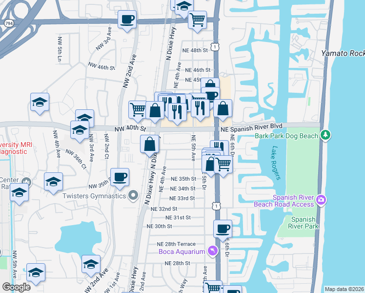 map of restaurants, bars, coffee shops, grocery stores, and more near 3939 Northeast 5th Avenue in Boca Raton