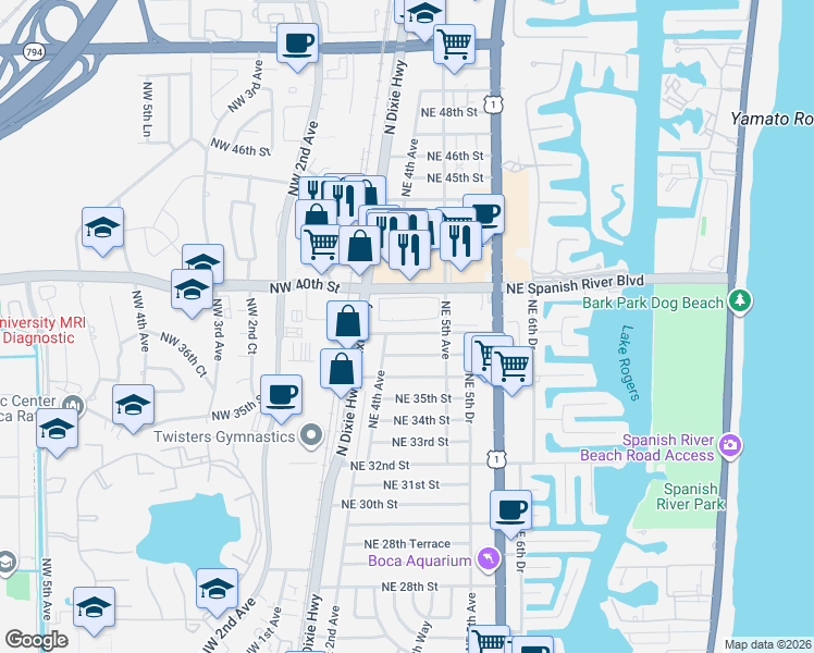 map of restaurants, bars, coffee shops, grocery stores, and more near 401 Northeast 38th Street in Boca Raton