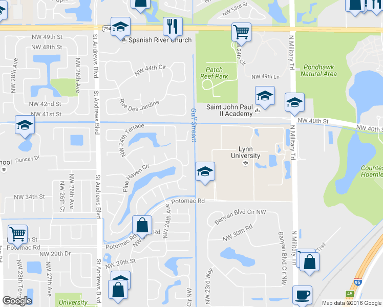 map of restaurants, bars, coffee shops, grocery stores, and more near 2268 Northwest 36th Street in Boca Raton